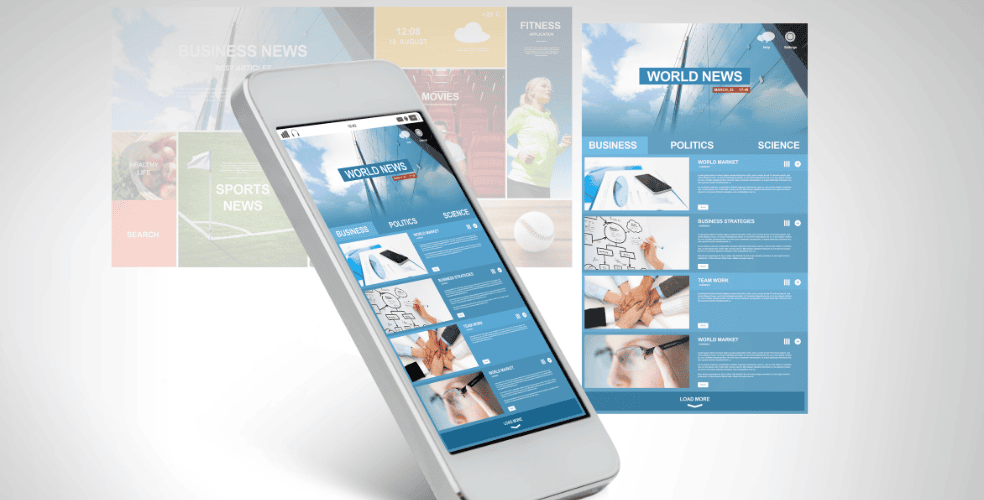 Smartphone che mostra un design di sito web di notizie, con schermate di layout di pagina sullo sfondo.