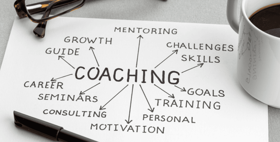 Mappa concettuale del coaching su un foglio, circondata da occhiali, penna e tazza di caffè, rappresentando il ruolo del coaching nella crescita professionale.