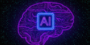 Immagine stilizzata di un cervello con circuiti elettronici e la scritta 'AI', su sfondo con codice binario.