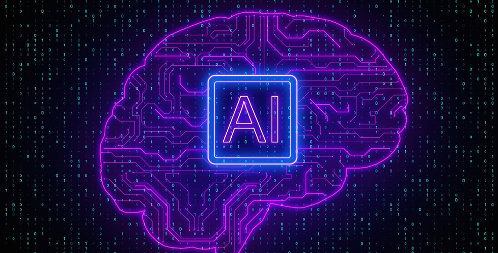 Immagine stilizzata di un cervello con circuiti elettronici e la scritta 'AI', su sfondo con codice binario.