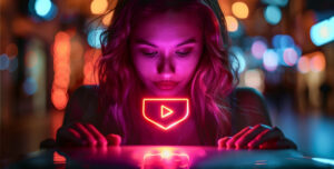 Donna con un'icona di play neon davanti a un laptop, illuminata da luci colorate, rappresentando l'uso di Twitch per web designer