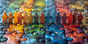 Figure stilizzate in legno di vari colori su un puzzle multicolore, simboleggiando diversità e inclusione come parte di una strategia aziendale responsabile.