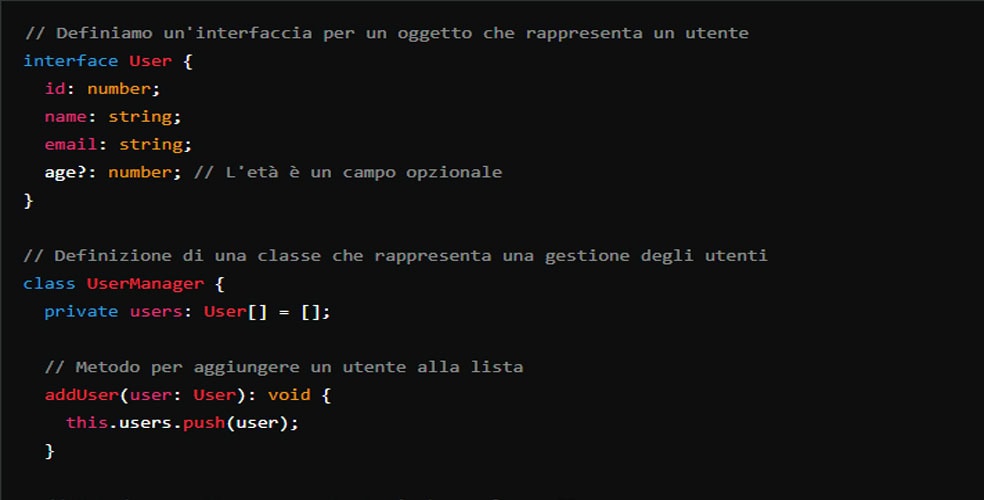 Schermata di codice TypeScript che definisce una classe per la gestione degli utenti, con variabili come id, nome ed email, rappresentando un'introduzione alla programmazione TypeScript per web designer.