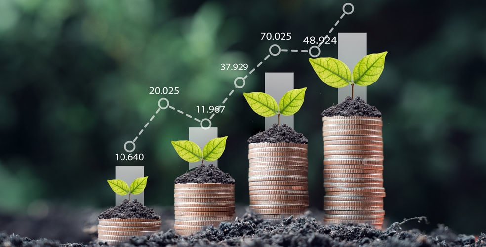 Pile crescenti di monete con piantine verdi in crescita, simboleggiando l’impact investing e il ritorno sugli investimenti sostenibili.