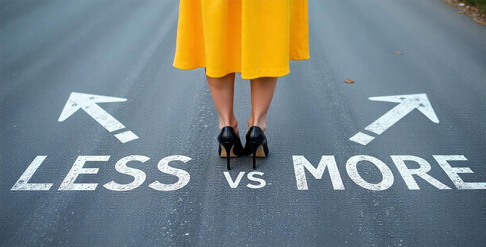 Donna in piedi al centro di una strada asfaltata con indosso un abito giallo e scarpe con tacco nere, davanti a due frecce opposte con le scritte “LESS” e “MORE”, che simboleggiano una scelta tra quantità e qualità, a rappresentazione visiva del concetto di ottimizzare il lavoro puntando sull'efficienza piuttosto che sull'aumento del carico, in linea con l’obiettivo di accogliere 13 clienti ideali nel 2025.