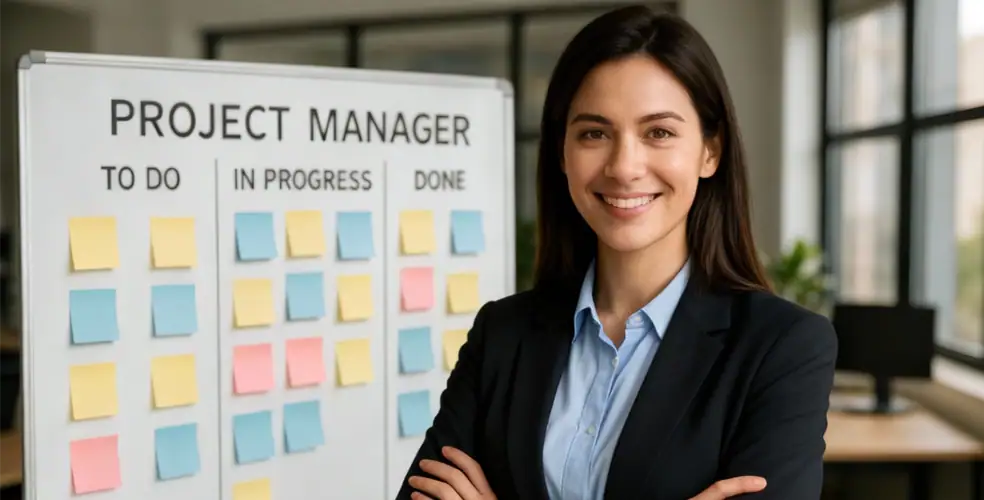 Project manager in ufficio luminoso che sorride a braccia conserte davanti a una lavagna Kanban orizzontale con tre colonne “TO DO”, “IN PROGRESS”, “DONE” piene di post-it colorati; contesto di gestione progetti Agile/Scrum, pianificazione attività e coordinamento team in ambiente open space.