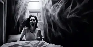 Scena in bianco e nero: donna seduta sul letto che urla terrorizzata, il corpo proteso in avanti tra le lenzuola stropicciate, mentre alle sue spalle le tende e l’oscurità della stanza sembrano trasformarsi in ombre e forme spettrali; rappresentazione intensa di un incubo, paura notturna e paralisi del sonno.