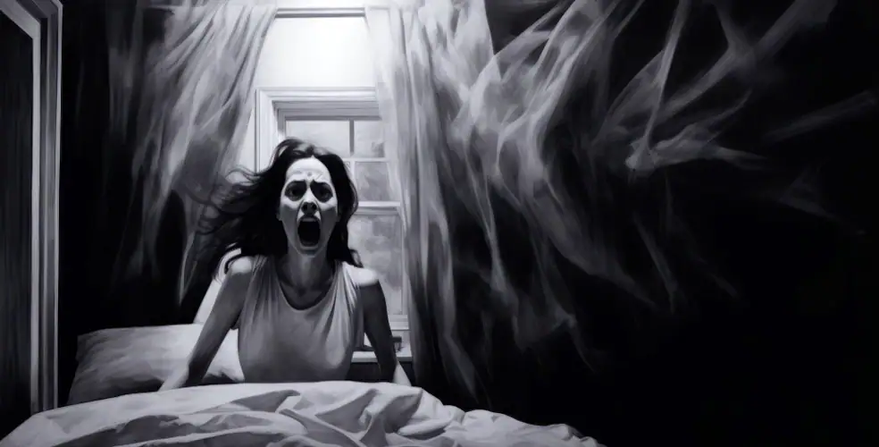 Scena in bianco e nero: donna seduta sul letto che urla terrorizzata, il corpo proteso in avanti tra le lenzuola stropicciate, mentre alle sue spalle le tende e l’oscurità della stanza sembrano trasformarsi in ombre e forme spettrali; rappresentazione intensa di un incubo, paura notturna e paralisi del sonno.