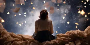 Ragazza di spalle seduta su un letto sfatto, avvolta da coperte color crema, che guarda un cielo notturno pieno di piccole luci dorate e pagine di libro che fluttuano nell’aria, come stelle cadenti; atmosfera calda e magica che richiama il mondo dei sogni, dell’immaginazione e delle storie che prendono vita.