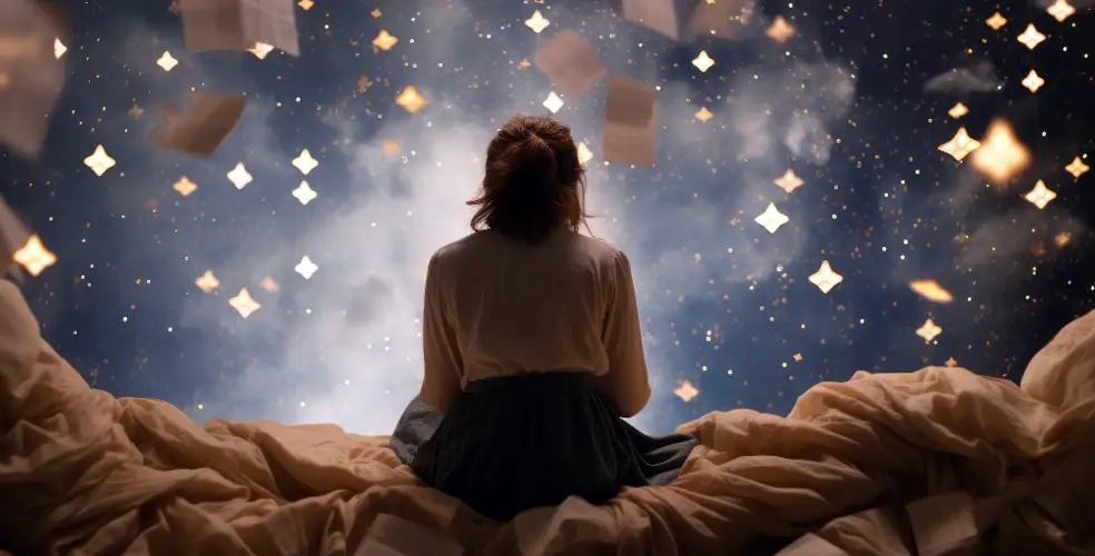 Ragazza di spalle seduta su un letto sfatto, avvolta da coperte color crema, che guarda un cielo notturno pieno di piccole luci dorate e pagine di libro che fluttuano nell’aria, come stelle cadenti; atmosfera calda e magica che richiama il mondo dei sogni, dell’immaginazione e delle storie che prendono vita.